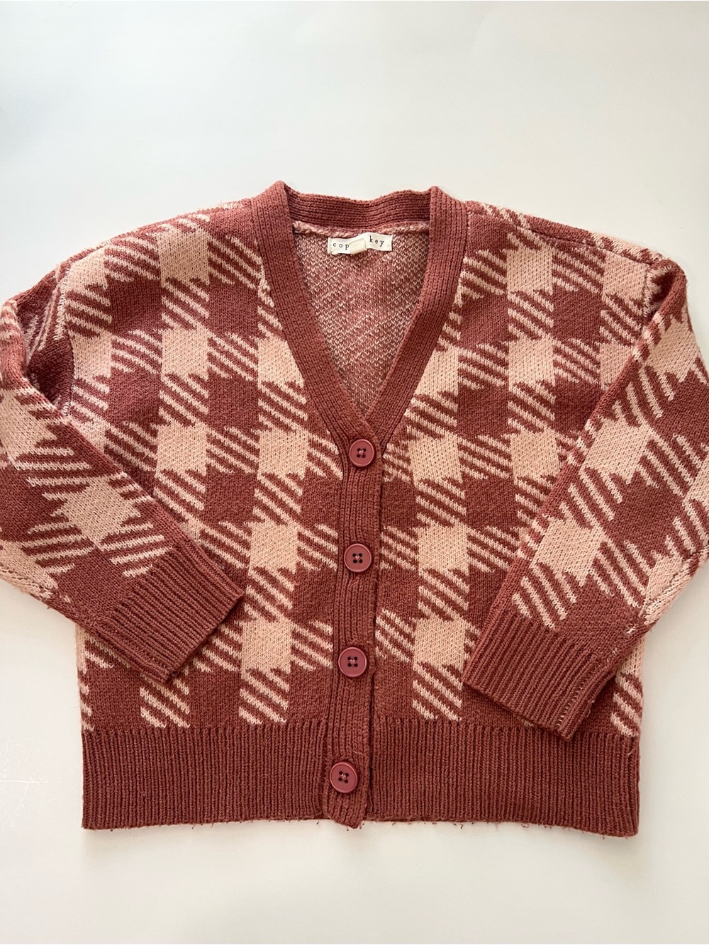 Copper Key Pink Houndstooth V-Neck Button Up Sweater Cardigan size 5